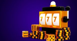 A vibrant illustration featuring a slot machine with the jackpot number 777 displayed, surrounded by dice and casino chips, set against a deep purple background.